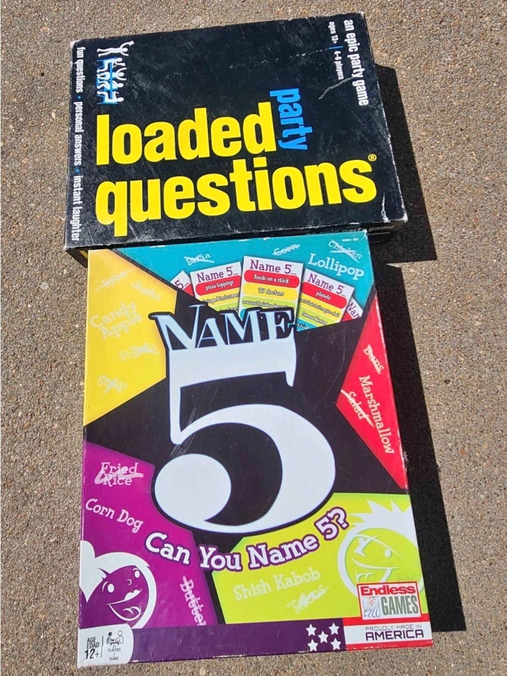 Name 5 & Loaded Questions Party Game Bundle - all pieces are there.